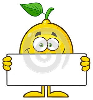 Smiling Yellow Lemon Fresh Fruit With Green Leaf Cartoon Mascot Character Holding A Blank Sign