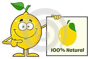 Smiling Yellow Lemon Fresh Fruit With Green Leaf Cartoon Mascot Character Pointing To A 100 Percent Natural Sign