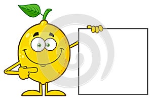 Smiling Yellow Lemon Fresh Fruit With Green Leaf Cartoon Mascot Character Pointing To A Blank Sign