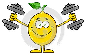 Smiling Yellow Lemon Fresh Fruit With Green Leaf Cartoon Mascot Character Working Out With Dumbbells