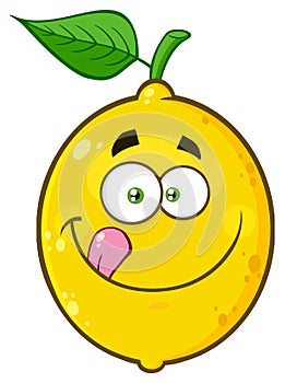 Smiling Yellow Lemon Fruit Cartoon Emoji Face Character Licking His Lips.