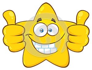 Smiling Yellow Star Cartoon Emoji Face Character Giving Two Thumbs Up.