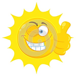 Smiling Yellow Sun Cartoon Emoji Face Character With Wink Expression Giving A Thumb Up