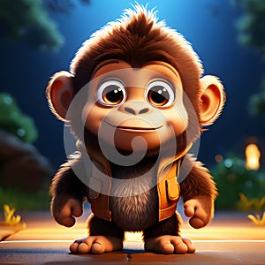 A smiling young 3d cartoon ape looking straight forward