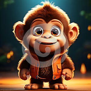 A smiling young 3d cartoon ape looking straight forward