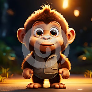 A smiling young 3d cartoon ape looking straight forward