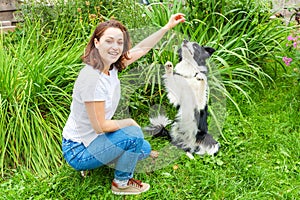 Smiling young attractive woman playing with cute puppy dog border collie in summer garden or city park outdoor background. Girl