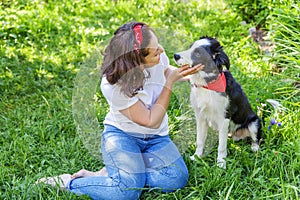 Smiling young attractive woman playing with cute puppy dog border collie in summer garden or city park outdoor background. Girl