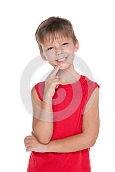 Smiling young boy in a red shirt