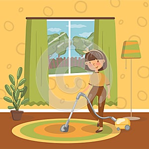 Smiling young brunette woman cleaning living room with vacuum cleaner, vector Illustration