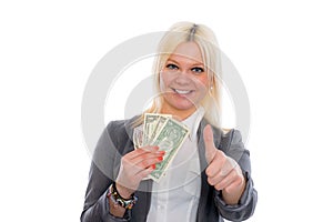 Smiling young business woman with dollars and thumb up