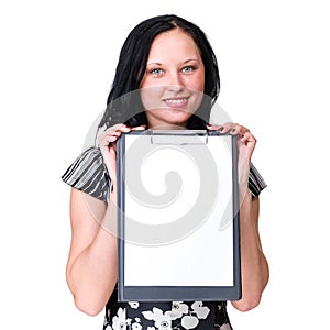 Smiling young business woman showing blank