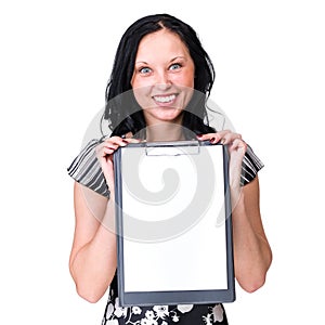 Smiling young business woman showing blank