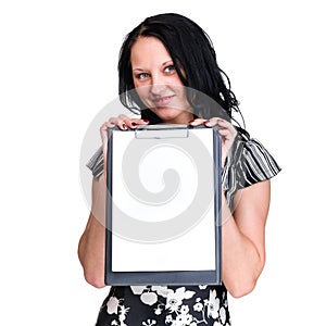 Smiling young business woman showing blank