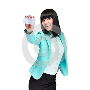 Smiling young business woman showing blank card