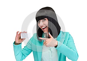 Smiling young business woman showing blank card