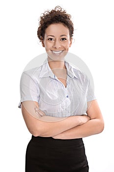 Smiling young businesswoman isolated - blouse and skirt