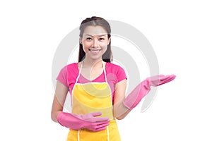 Smiling young cleaning asian lady with pink rubber gloves showing ok sign with thumbs up over white