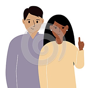 Smiling young couple, good mood concept. Positive emotions, happy people, man and woman showing thumbs up, fun and joy.