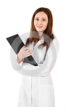 Smiling young doctor woman with a stethoscope and plane table is