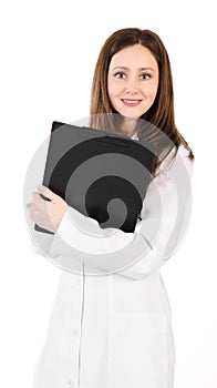 Smiling young doctor woman with a stethoscope and plane table