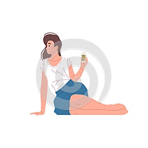 Smiling young elegance woman relaxing sitting with bottle of fresh liquid dairy beverage vector flat