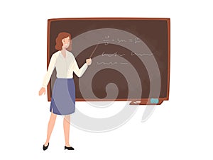 Smiling young female school or college teacher, professor, education worker standing beside chalkboard, holding pointer