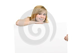 Smiling young girl with brackets and white billboard