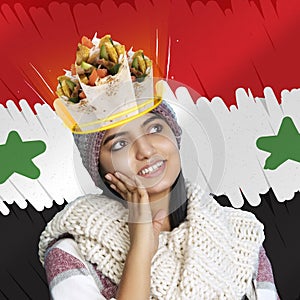 Smiling young girl with delicious doner donair kebab in her head, dreams isolated on flag background. Contamporary art photo