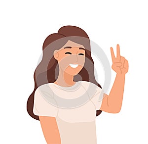 Smiling young girl flat vector illustration. Sign language, gesticulation, peace gesture. Good mood, gladness