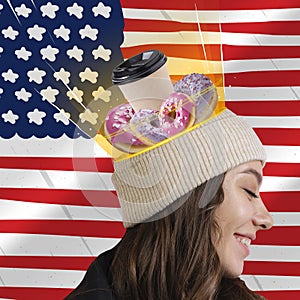 Smiling young girl with glazed sweet donuts and coffee in her head, dreams isolated on american flag background