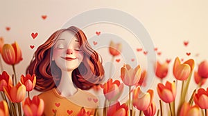 Smiling young girl in red tulips and hearts. 3d illustration. Horizontal layout. For Canadian Tulip Festival or Netherlands event