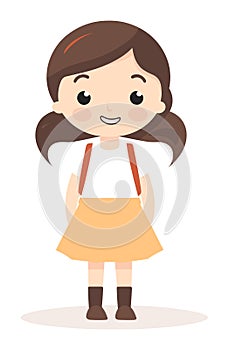 Smiling young girl standing with hands on hips wearing a white shirt, yellow skirt, and brown boots. Cartoon kid