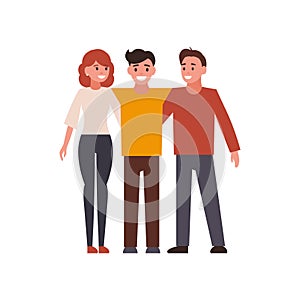 Smiling young hugging friends. Adolescentes friendship vector concept