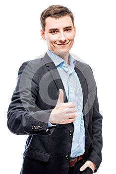 Smiling young male business executive on white background