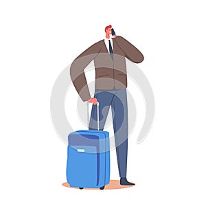 Smiling Young Male Character with Luggage Holding Smartphone in Hands Waiting Departure in Airport Terminal Area