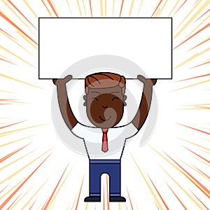 Smiling Young Male in Formal Clothes Standing and Holding Big Empty Placard Overhead with Both Hands. Creative photo