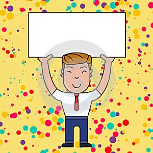Smiling Young Male in Formal Clothes Standing and Holding Big Empty Placard Overhead with Both Hands. Creative photo