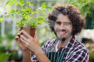 Smiling young male gardener holding potted plant
