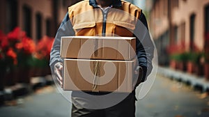 Smiling young male postal delivery courier man in front of cargo van delivering package