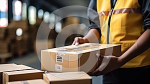 Smiling young male postal delivery courier man in front of cargo van delivering package