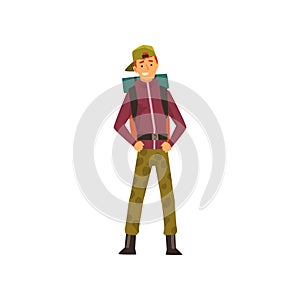 Smiling young man with backpack, outdoor adventures, travel, camping, backpacking trip or expedition vector Illustration