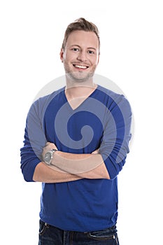 Smiling young man; blue pullover isolated on white.