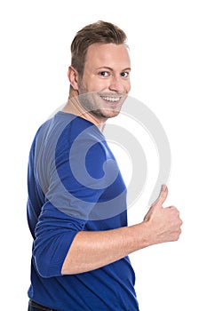 Smiling young man; blue pullover isolated on white.