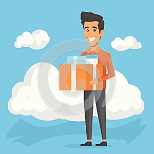 Smiling young man holding a large gift box outdoors with clouds in the background. Cartoon delivery guy with a happy