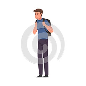 Smiling Young Man Standing with Backpack, Male Tourist Character Vector Illustration
