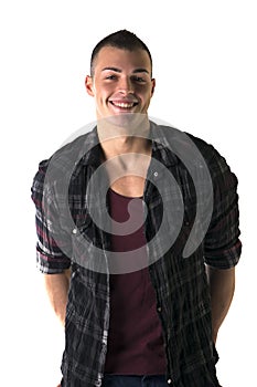 Smiling young man with t-shirt and checkered shirt
