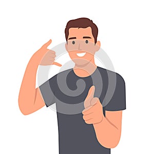 Smiling young man with telephone gesture show call sign. Happy guy with speech bubble above head ask to dial or telephone
