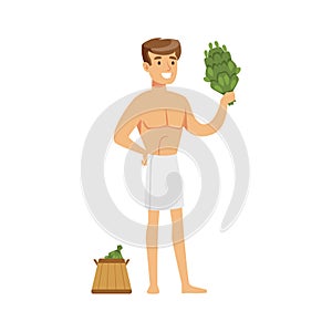 Smiling young man wearing bath towel posing with birch broom and wooden bucket colorful vector Illustration