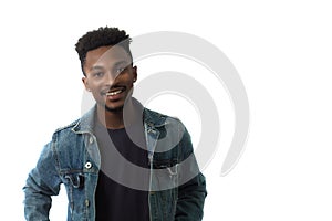 Smiling young man wearing blue jeans jacket american culture handsome male studio portrait on white background